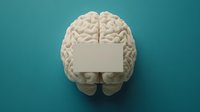 Anatomical model of human brain with blank card on turquoise background, medical education concept for neurology and psychology studies.
