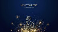 New Year 2027 celebration with golden goat zodiac sign and sparkling fireworks on dark blue background for festive greetings.