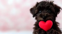 Adorable black mixed breed puppy with fluffy fur holding red heart shape toy against soft pink bokeh background. Valentine's day or pet love concept.