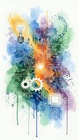 Watercolor technology concept with lightbulb, circuit board patterns, gears and microchip on colorful paint splashes for innovation and creativity designs.