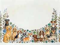 Watercolor border of diverse dog breeds with floral elements and paw prints, forming a charming frame with copy space for pet-themed designs.