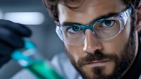 Young male scientist with beard wearing protective glasses and gloves examines laboratory sample in modern research facility, close-up portrait with dramatic lighting.
