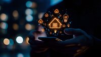 Glowing house icons float above hands in dark setting with bokeh lights, representing smart home technology and real estate digital innovation concept.