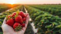 Fresh ripe strawberries held in cupped hands at sunrise over organic farm field rows. Agricultural harvest concept for healthy eating and local produce.