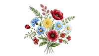 Wildflower bouquet with red poppies, blue cornflowers, white daisies and green foliage on white background for greeting cards and botanical designs.