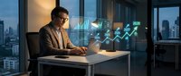 Businessman in suit analyzing holographic financial charts and growth graphs at laptop in modern office with city view at night.