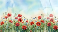 Watercolor red poppies field with green grass and blue sky background. Spring meadow wildflowers botanical illustration for home decor and nature designs.