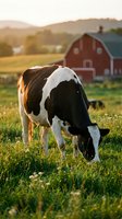 Holstein dairy cow grazing in green pasture at sunset with red barn and mountains in background creating peaceful rural farm scene.