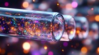 Glass test tube filled with colorful glittering particles and sparkles creating magical laboratory atmosphere with bokeh lights background for science education.
