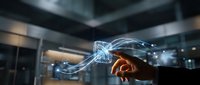 Young adult male hand holding glowing digital light energy stream in modern office environment, representing innovation, technology, and future business solutions.
