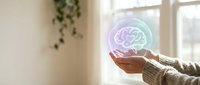 Hand holding glowing brain hologram representing artificial intelligence, innovation, and digital technology concepts for business and healthcare applications.