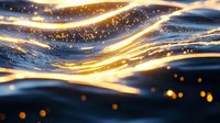 Glowing golden light waves flow across dark background with sparkling particles and bokeh effects creating magical abstract composition for luxury designs.