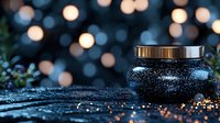 Luxurious black cosmetic cream jar with gold lid on dark background with bokeh lights and glitter, creating magical spa atmosphere for beauty product photography.