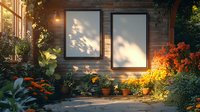 Empty black frames on wooden wall with natural shadow play from garden plants and evening sunlight, surrounded by potted flowers and greenery in backyard setting.
