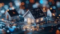 Miniature smart home on digital circuit board with glowing windows and illuminated connections against blurred bokeh background.