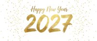 Happy New Year 2027 greeting with gold metallic numbers and confetti on white background, isolated and ready for holiday cards, invitations, and festive design projects.