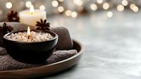 Aromatic spa candles in black ceramic bowls with sea salt on wooden tray against blurred bokeh lights background, wellness and relaxation concept.