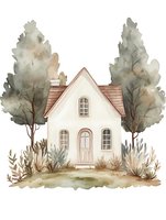 Watercolor cottage surrounded by tall trees and wild herbs in neutral earth tones. Cozy countryside dwelling with arched windows and door creates peaceful atmosphere.