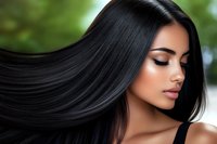 Young Asian woman with long flowing black hair, flawless skin, and natural makeup in profile view against blurred green background. Professional beauty portrait.