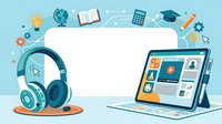 Online learning platform with headphones, tablet, and educational icons on light blue background, isolated for web design and e-learning marketing use.