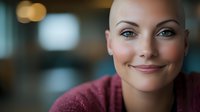 Confident bald woman smiling warmly at camera, wearing burgundy sweater against blurred background with bokeh lights, representing strength and positivity during cancer journey.