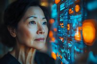 Asian woman looking at futuristic digital interface with glowing orange and blue holographic elements, technology concept showing innovation and artificial intelligence.
