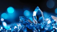Blue crystal formations with sparkling faceted gems creating luxurious jewelry display against dark background with bokeh lighting effects.