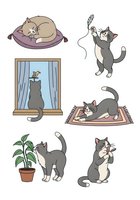 Cartoon cats in various playful poses and activities, isolated on white background. Includes sleeping feline on cushion, cat playing with string toy, kitten at window, lounging on mat, exploring potted plant, and grooming. Suitable for children's books, greeting cards, t-shirt designs, stickers, and pet-related graphics.