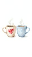 Two steaming mugs with watercolor heart and polka dot designs, isolated on white background for greeting cards, love concepts, and beverage packaging designs.