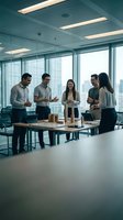 Diverse business team collaborating in modern office conference room with city skyline view during productive meeting and strategic planning session.