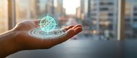 Hand holding glowing compass hologram with navigation rings against blurred city skyline background for business direction and guidance concepts.
