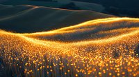 Glowing golden wildflowers blanket rolling hills at sunset creating magical landscape with warm light and bokeh effect across endless meadow waves in nature.