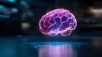 Glowing purple hologram brain floating over reflective surface with electric neural connections. Futuristic artificial intelligence concept in dark environment.