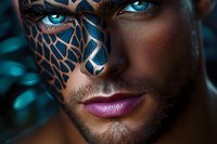 Close up portrait of young man with artistic spider web face paint design in black and gold, wearing bright purple lipstick against dark background with blue lighting.