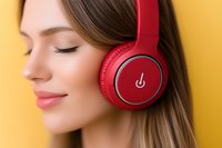 Young woman with closed eyes wearing red wireless headphones against yellow background, expressing peaceful enjoyment while listening to music.