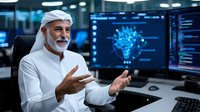 Middle Eastern senior medical professional in traditional dress gestures while explaining virus data shown on multiple monitors in modern laboratory control room.
