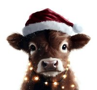 Young brown calf wearing red Santa hat with white fur trim and glowing string lights around neck against white background, creating festive holiday farm atmosphere.