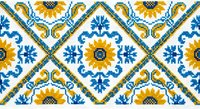 Traditional Ukrainian folk embroidery pattern with sunflowers and geometric ornaments in blue and yellow colors. Seamless design tiles perfectly for backgrounds.
