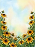 Watercolor black-eyed Susan flowers framing a soft pastel sky background, creating a floral border with copy space for cards and posters.
