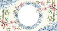 Asian-inspired floral frame with cherry blossoms, bamboo and traditional patterns on cream background. Decorative border for invitations, cards and design projects.
