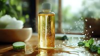 Sparkling golden liquid in transparent bottle with water drops and green cap on wooden surface, fresh herbs and natural ingredients for skincare.
