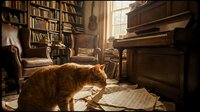 Ginger tabby cat exploring a vintage library room with wooden piano, bookshelves, leather armchair, and warm sunlight streaming through window for home decor and pet lifestyle content.