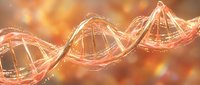 Glowing DNA double helix structure with golden light particles on warm orange background, representing genetic research, biotechnology, and scientific innovation.