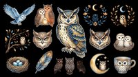 Owl collection featuring various species and design elements isolated on transparent background, ready for t-shirts, clipart, stickers, sublimation, and print-on-demand projects.