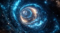 Mesmerizing spiral galaxy in deep space featuring luminous blue and golden swirls against dark cosmic background, creating dramatic celestial formation.