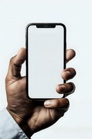 Hand holding modern smartphone with blank white screen against neutral background, perfect for app or website mockup presentation.