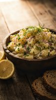 Potato salad with fresh dill, red onion, and creamy dressing served in wooden bowl on rustic table with lemon and bread.