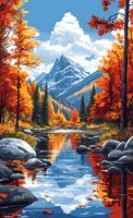 Tranquil mountain stream reflects autumn foliage and snow-capped peaks amid vibrant orange and red trees, with white clouds and blue sky mirrored in calm waters.