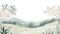 Serene watercolor landscape with rolling hills and delicate botanical elements in soft green and peach tones, featuring misty mountains and decorative foliage.