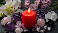 Red candle burning surrounded by healing crystals, white lily, pink flowers and lavender creating peaceful spa meditation atmosphere for wellness relaxation.